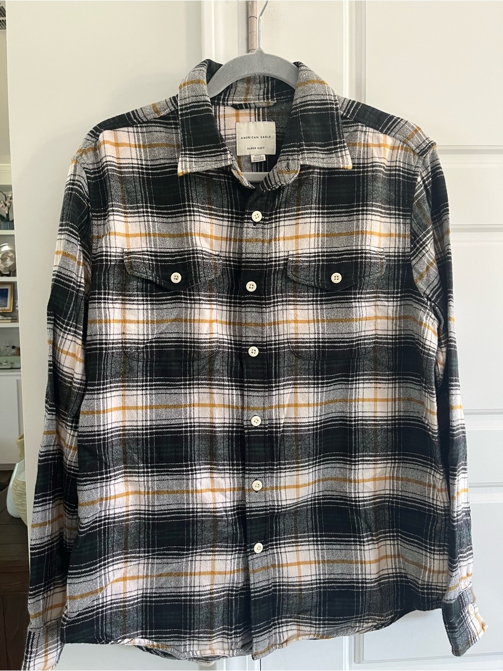 American Eagle Outfitters Black White and Yellow Plaid Button-Up Shirt